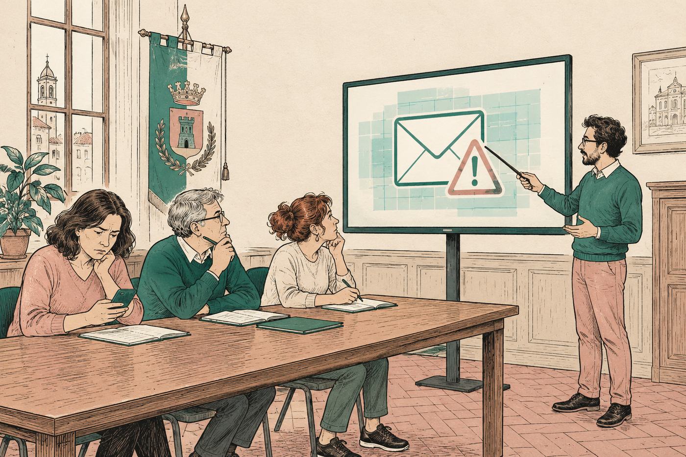Illustrazione di un incontro formativo: un istruttore e tre impiegati davanti a una email sospetta